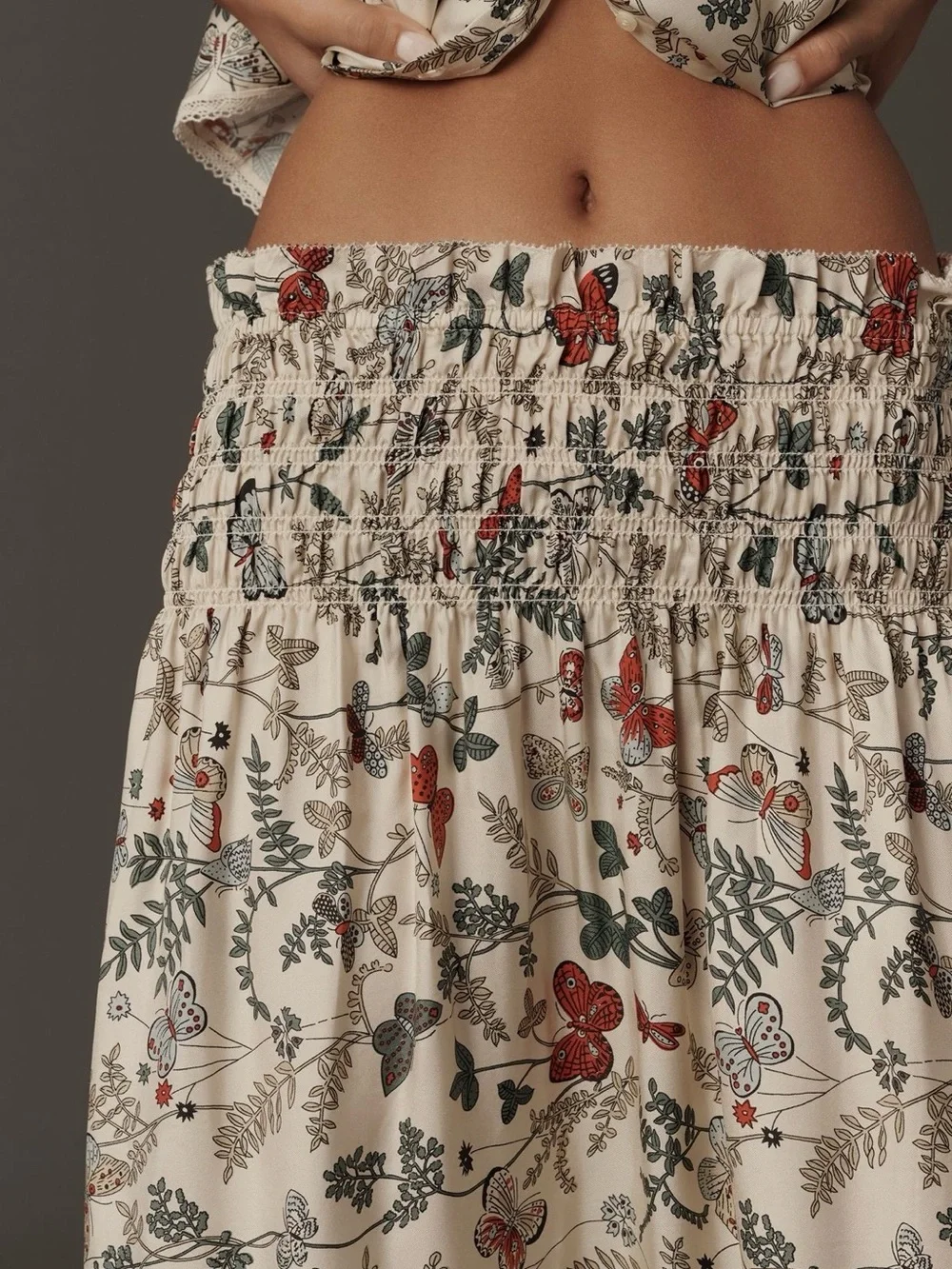 THE GREAT. Canary silk Maxi Skirt with Red & Green Botanical Print - Picture 2 of 3